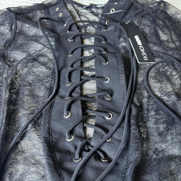 NWT Black Lace Corset Tie Goth Punk Body Suit Fashion Nova Sz S Party Dance Rave - Picture 3 of 9